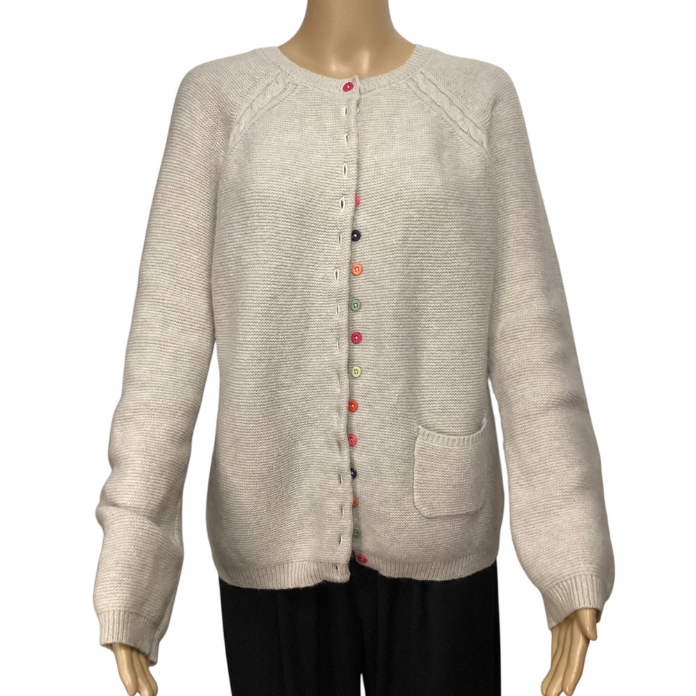 Tabitha Webb Womens XL Cream Lambswool Blend Rainbow Button Cable Knit Cardigan